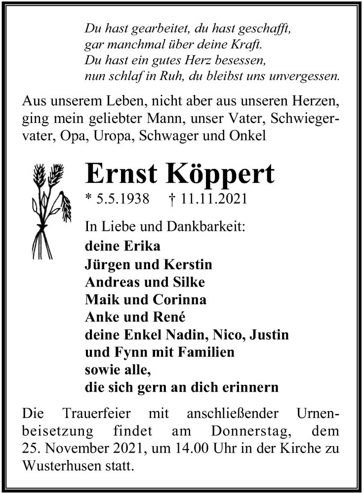  Traueranzeige für Ernst Köppert vom 20.11.2021 aus Ostsee-Zeitung GmbH