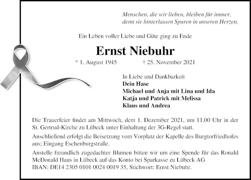  Traueranzeige für Ernst Niebuhr vom 28.11.2021 aus Lübecker Nachrichten