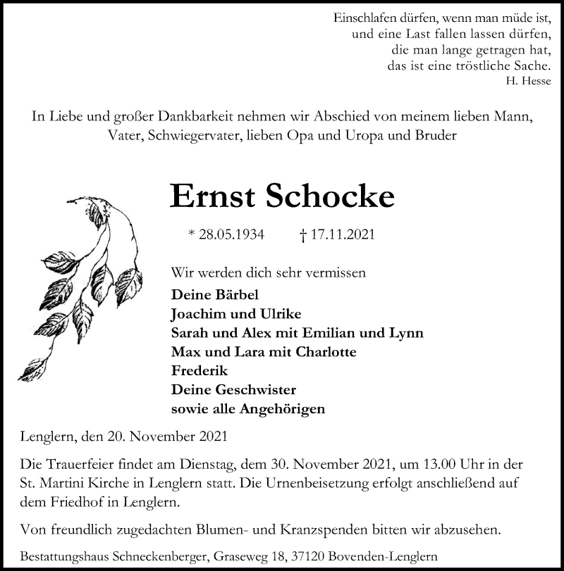  Traueranzeige für Ernst Schocke vom 20.11.2021 aus Göttinger Tageblatt
