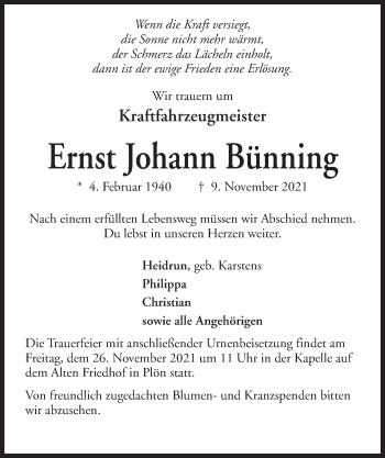 Traueranzeige von Ernst Johann Bünning von Kieler Nachrichten