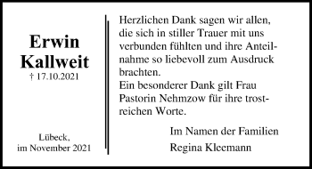 Traueranzeige von Erwin Kallweit von Lübecker Nachrichten
