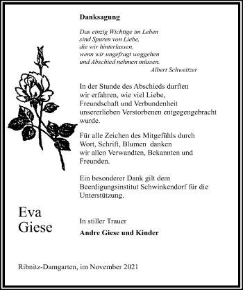 Traueranzeige von Eva Giese von Ostsee-Zeitung GmbH