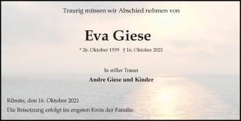 Traueranzeige von Eva Giese von Ostsee-Zeitung GmbH