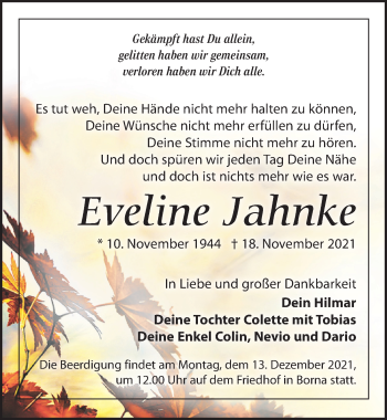 Traueranzeige von Eveline Jahnke von Leipziger Volkszeitung