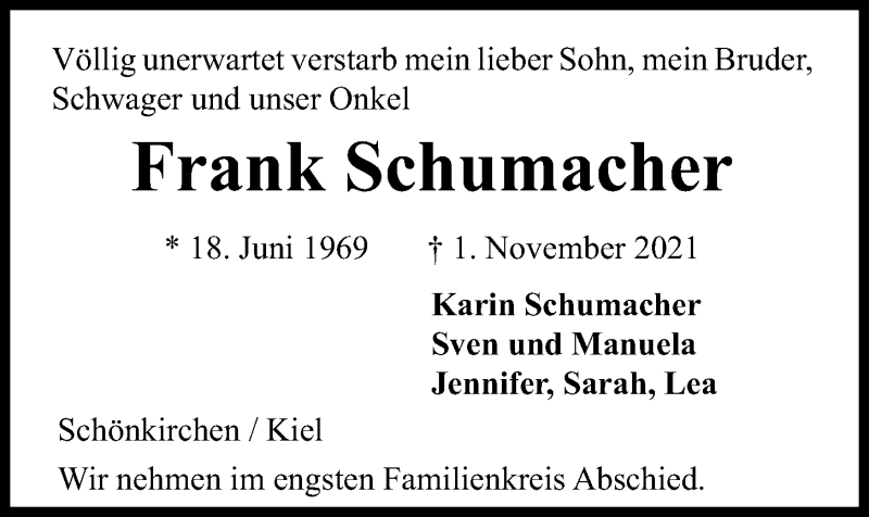  Traueranzeige für Frank Schumacher vom 06.11.2021 aus Kieler Nachrichten