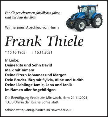 Traueranzeige von Frank Thiele von Leipziger Volkszeitung