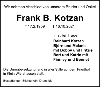 Traueranzeige von Frank B. Kotzan von Göttinger Tageblatt