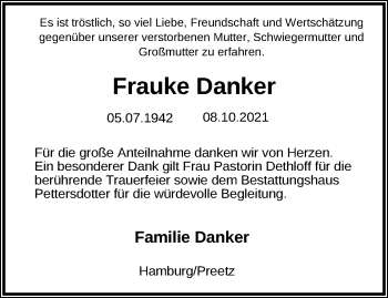 Traueranzeige von Frauke Danker von Kieler Nachrichten