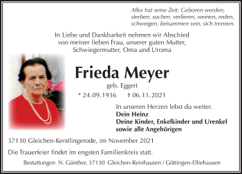 Traueranzeige von Frieda Meyer von Göttinger Tageblatt