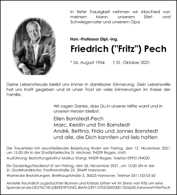 Traueranzeige von Friedrich Pech von Hannoversche Allgemeine Zeitung/Neue Presse