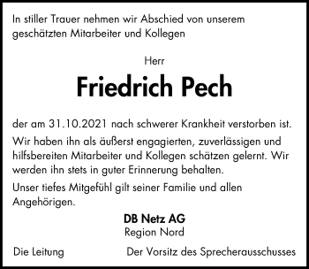 Traueranzeige von Friedrich Pech von Hannoversche Allgemeine Zeitung/Neue Presse