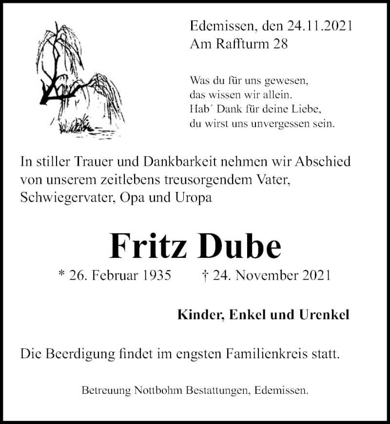  Traueranzeige für Fritz Dube vom 27.11.2021 aus Peiner Allgemeine Zeitung