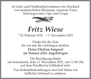 Traueranzeige von Fritz Wiese von Märkischen Allgemeine Zeitung