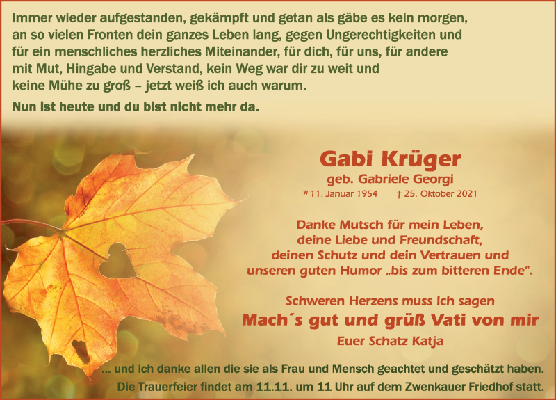  Traueranzeige für Gabi Krüger vom 06.11.2021 aus Leipziger Volkszeitung