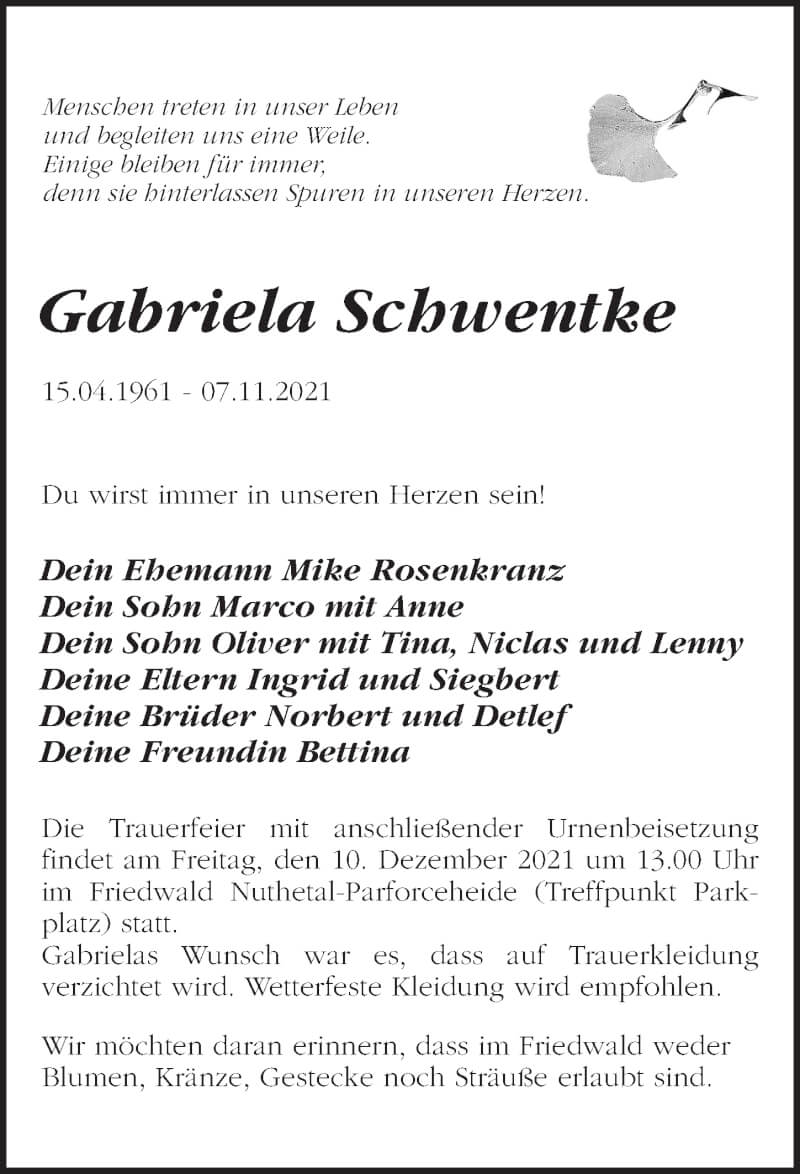  Traueranzeige für Gabriela Schwentke vom 27.11.2021 aus Märkischen Allgemeine Zeitung