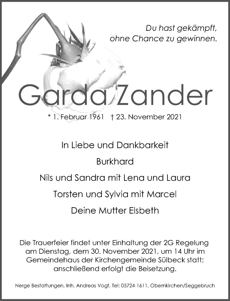  Traueranzeige für Garda Zander vom 26.11.2021 aus Schaumburger Nachrichten