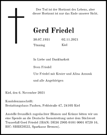 Traueranzeige von Gerd Friedel von Kieler Nachrichten