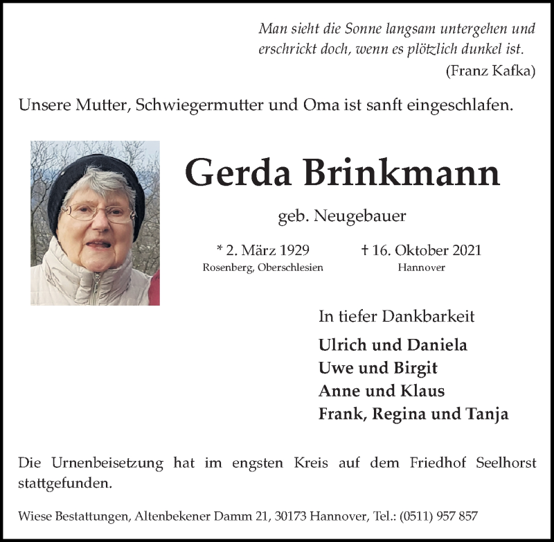  Traueranzeige für Gerda Brinkmann vom 06.11.2021 aus Hannoversche Allgemeine Zeitung/Neue Presse