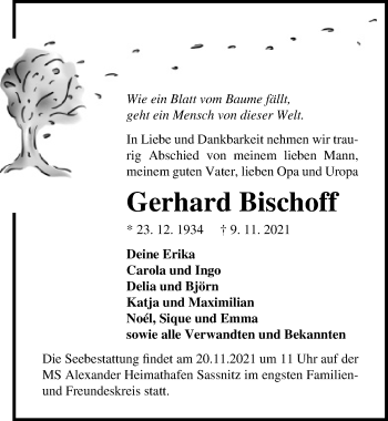 Traueranzeige von Gerhard Bischoff von Ostsee-Zeitung GmbH