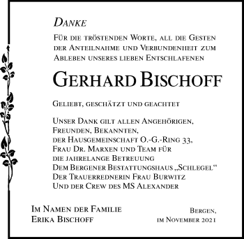 Traueranzeige von Gerhard Bischoff von Ostsee-Zeitung GmbH