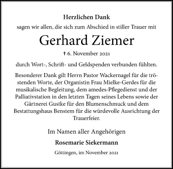 Traueranzeige von Gerhard Ziemer von Göttinger Tageblatt