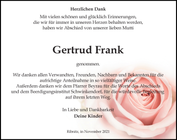 Traueranzeige von Gertrud Frank von Ostsee-Zeitung GmbH