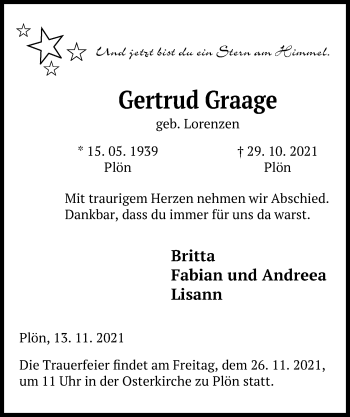 Traueranzeige von Gertrud Graage von Kieler Nachrichten