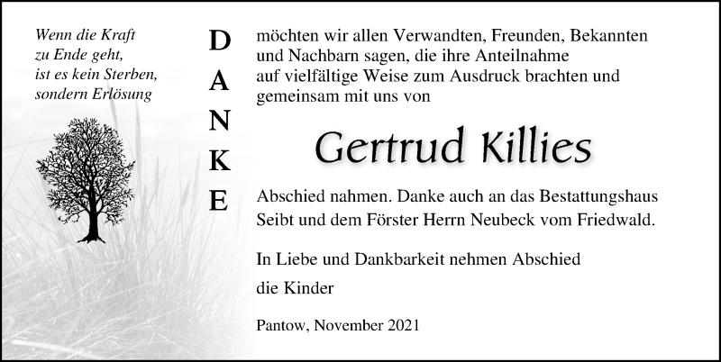  Traueranzeige für Gertrud Killies vom 20.11.2021 aus Ostsee-Zeitung GmbH