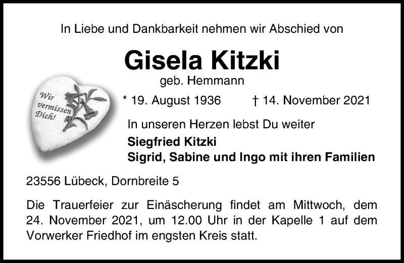  Traueranzeige für Gisela Kitzki vom 21.11.2021 aus Lübecker Nachrichten