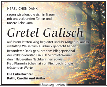 Traueranzeige von Gretel Galisch von Leipziger Volkszeitung