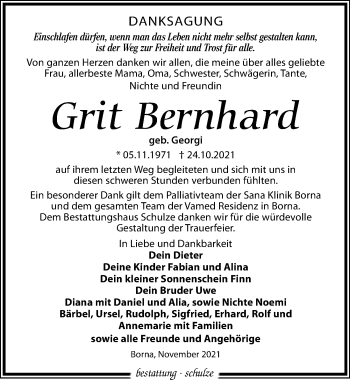 Traueranzeige von Grit Bernhard von Leipziger Volkszeitung