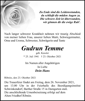 Traueranzeige von Gudrun Temme von Ostsee-Zeitung GmbH