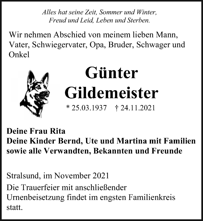  Traueranzeige für Günter Gildemeister vom 27.11.2021 aus Ostsee-Zeitung GmbH
