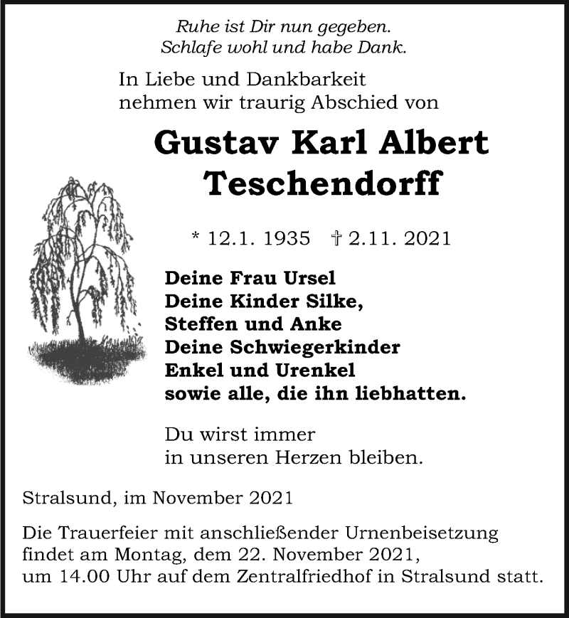  Traueranzeige für Gustav  Teschendorff vom 06.11.2021 aus Ostsee-Zeitung GmbH