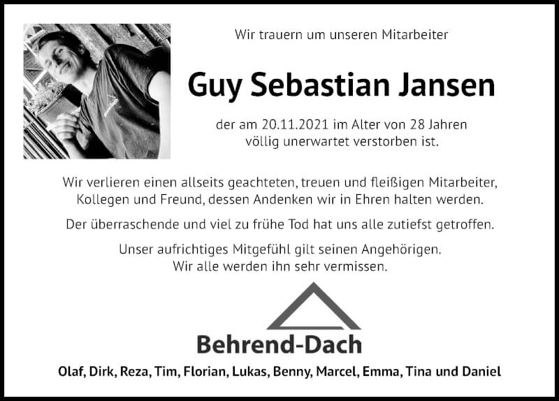  Traueranzeige für Guy Sebastian Jansen vom 27.11.2021 aus Kieler Nachrichten