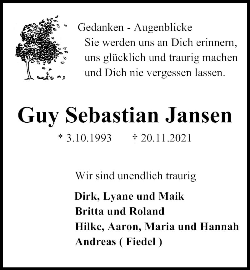 Traueranzeige für Guy Sebastian Jansen vom 27.11.2021 aus Kieler Nachrichten