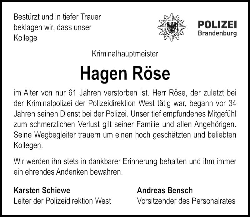  Traueranzeige für Hagen Röse vom 27.11.2021 aus Märkischen Allgemeine Zeitung