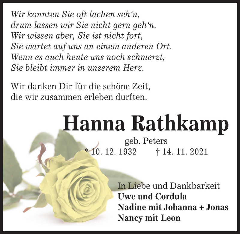  Traueranzeige für Hanna Rathkamp vom 19.11.2021 aus Peiner Allgemeine Zeitung