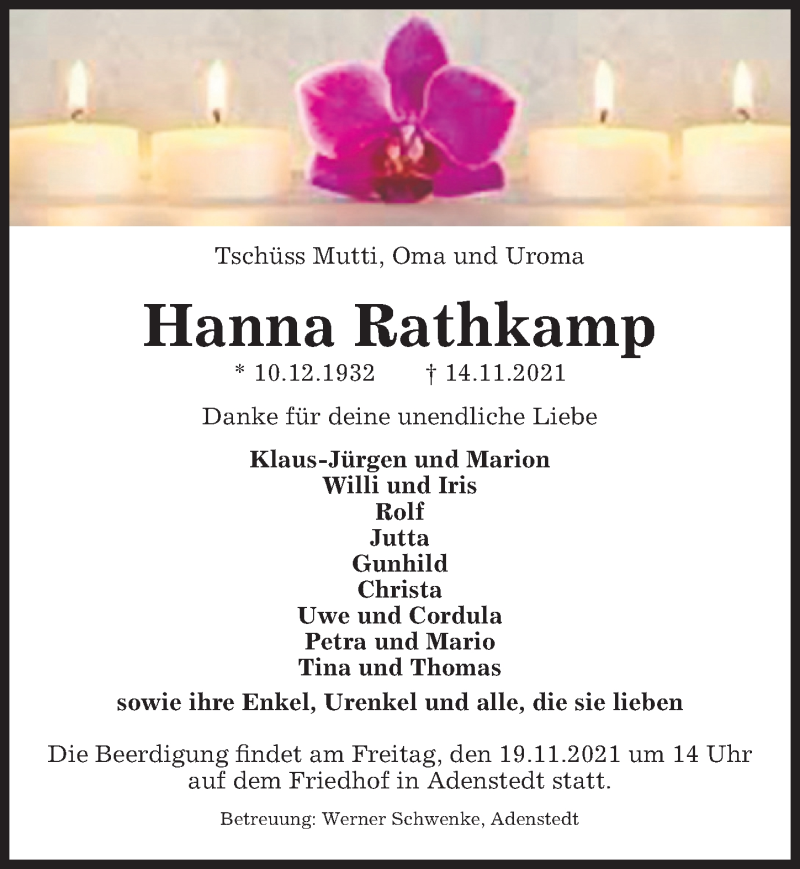  Traueranzeige für Hanna Rathkamp vom 17.11.2021 aus Peiner Allgemeine Zeitung