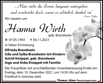 Traueranzeige von Hanna Wirth von Leipziger Volkszeitung