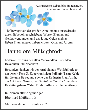 Traueranzeige von Hannelore Müßigbrodt von Märkischen Allgemeine Zeitung