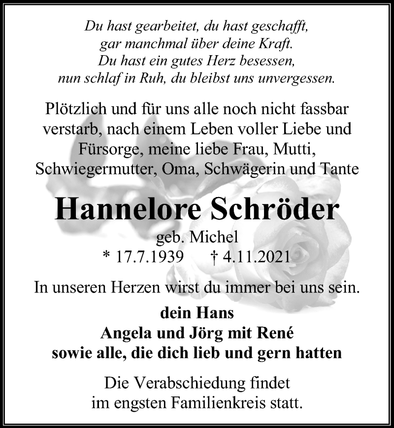  Traueranzeige für Hannelore Schröder vom 13.11.2021 aus Ostsee-Zeitung GmbH