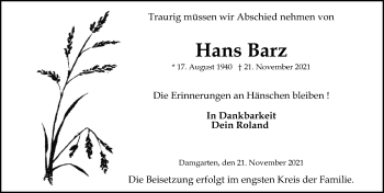 Traueranzeige von Hans Barz von Ostsee-Zeitung GmbH