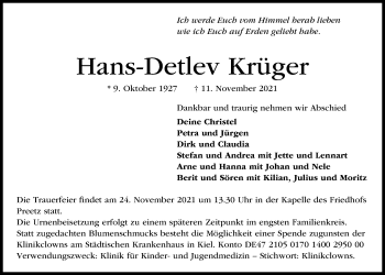 Traueranzeige von Hans-Detlev Krüger von Kieler Nachrichten