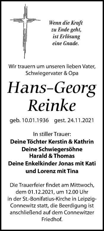 Traueranzeige von Hans-Georg Reinke von Leipziger Volkszeitung