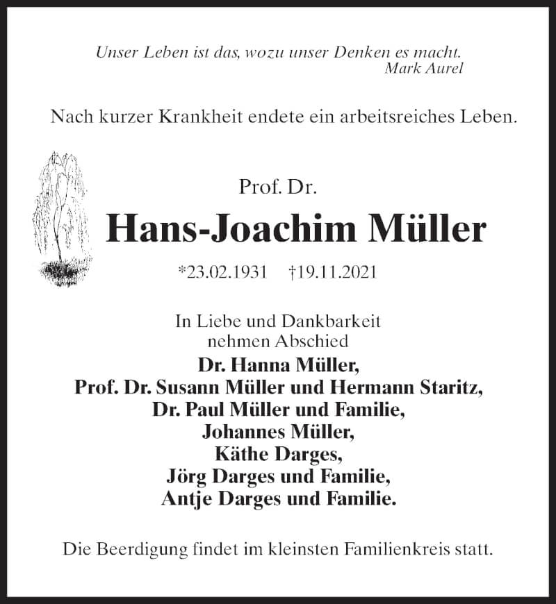  Traueranzeige für Hans-Joachim Müller vom 27.11.2021 aus Märkischen Allgemeine Zeitung