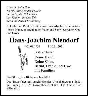 Traueranzeige von Hans-Joachim Niendorf von Ostsee-Zeitung GmbH