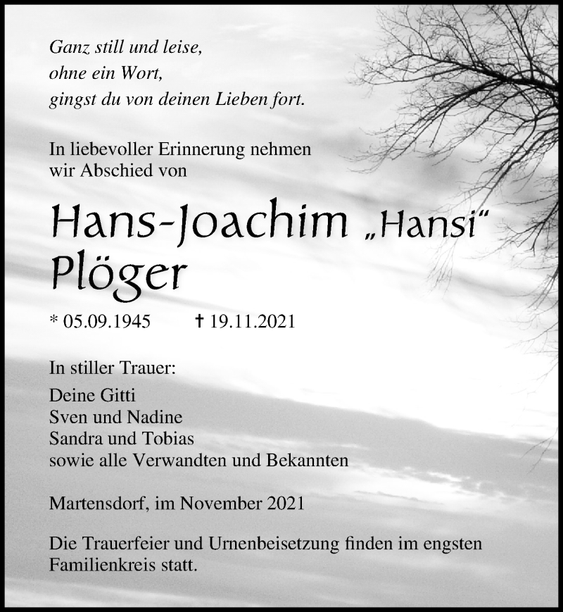  Traueranzeige für Hans-Joachim Plöger vom 27.11.2021 aus Ostsee-Zeitung GmbH