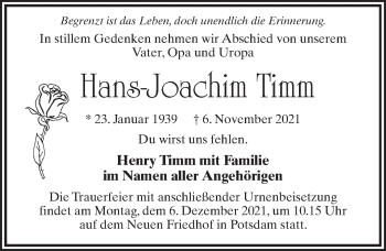 Traueranzeige von Hans-Joachim Timm von Märkischen Allgemeine Zeitung