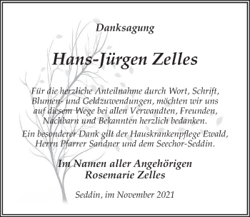 Traueranzeige von Hans-Jürgen Zelles von Märkischen Allgemeine Zeitung